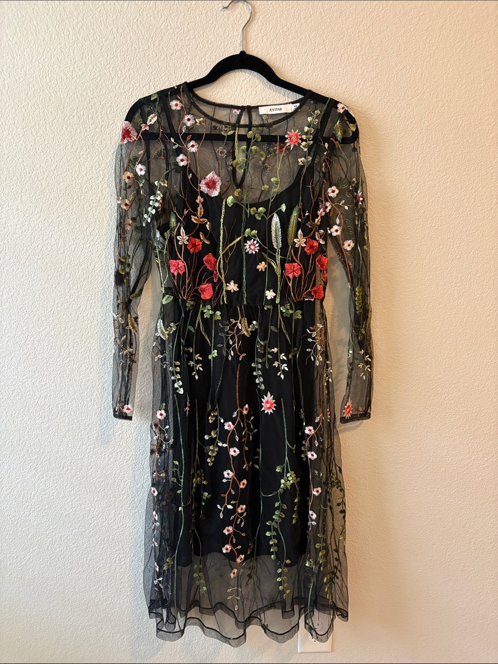 JustFab Black Sheer Embroidered Floral Long Sleeve Dress